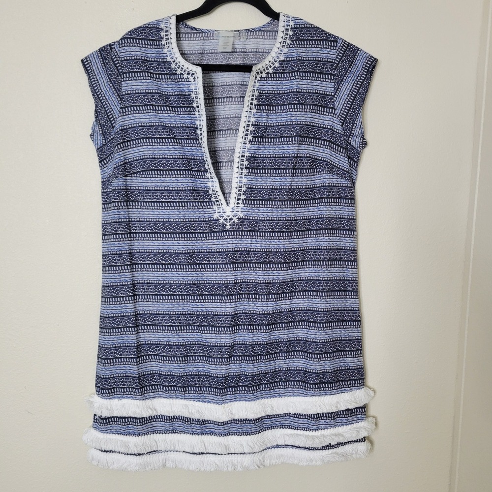 Bleu Rod Beattie Swim Cover-Up Small Blue Striped Fringe Boho Coastal Beachwear - Picture 1 of 9